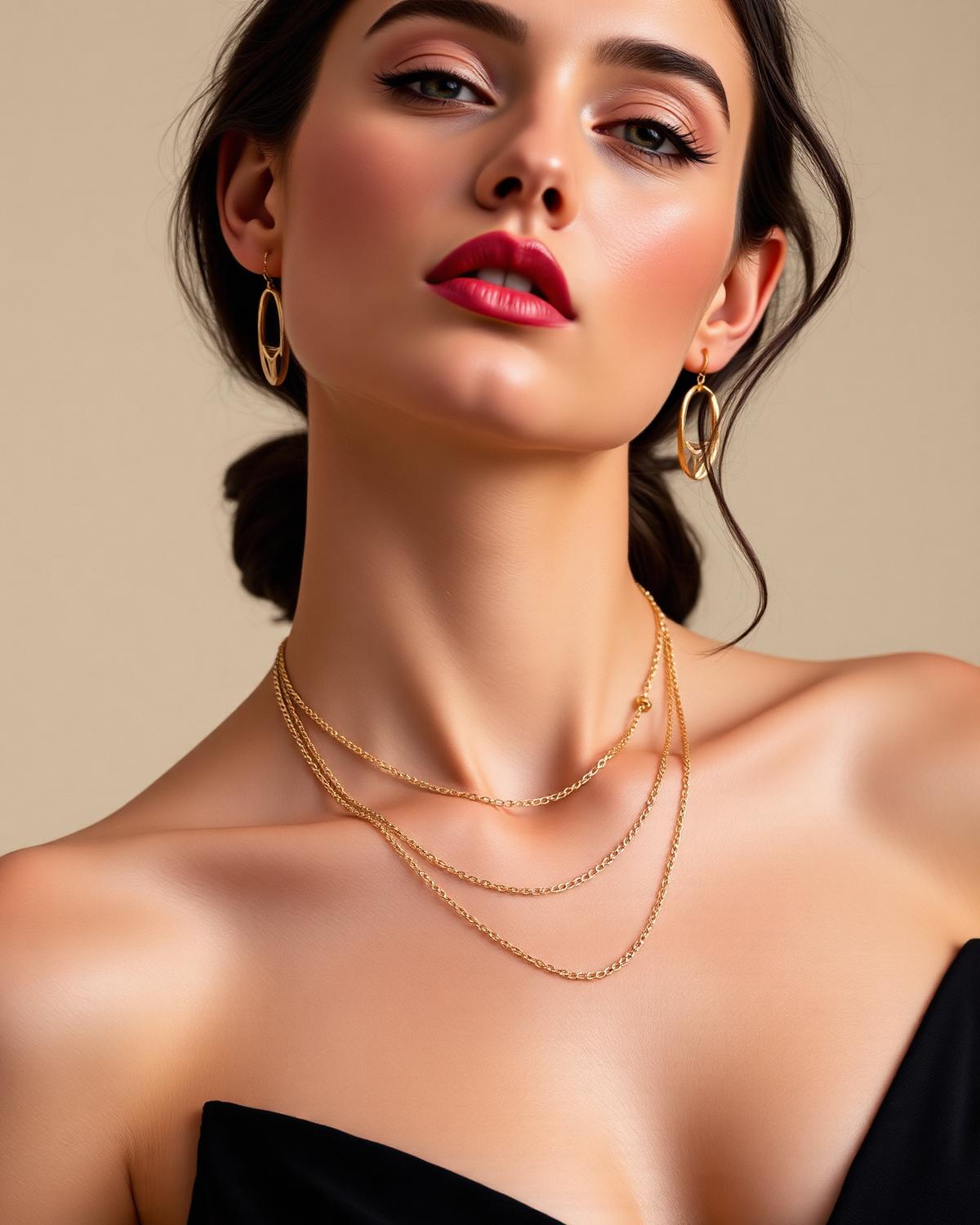 Editorial portrait wearing layered gold jewellery